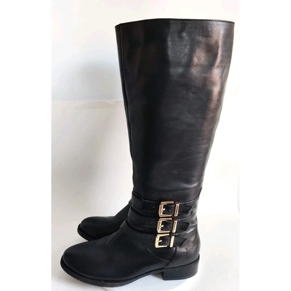 Inc Knee High Riding Boots Size‎ 8.5 Francy Black Wide Calf Leather Gold Buckles
